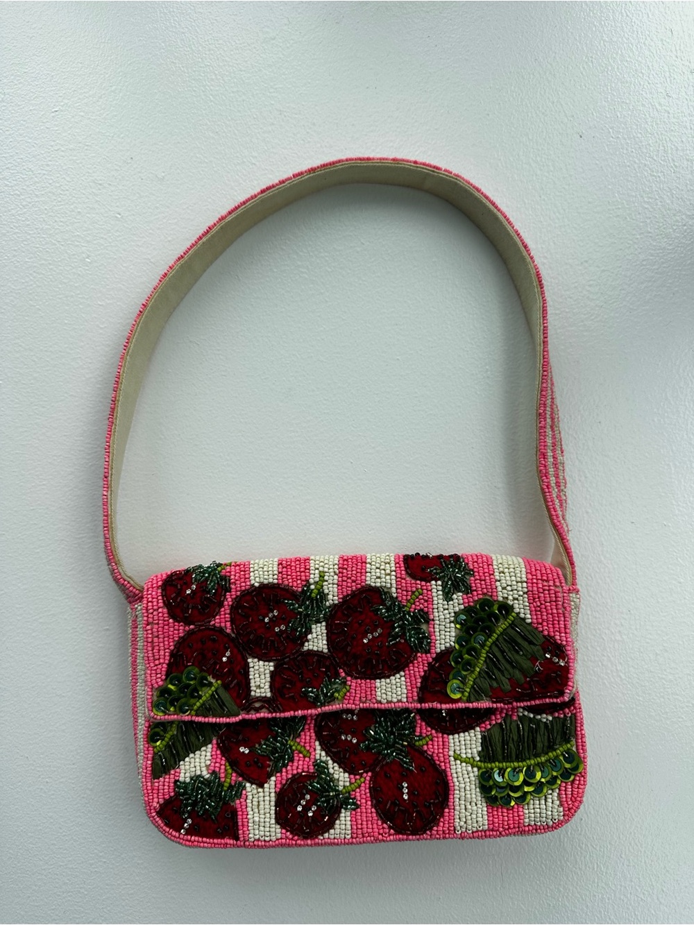 Anthropologie (Maeve) Pink Beaded Strawberry Shoulder Bag
